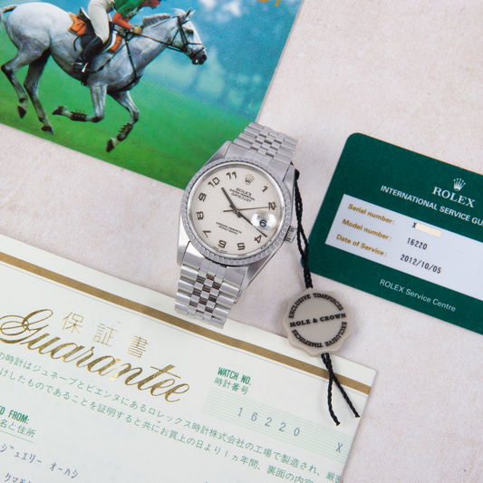 Rolex Oyster Perpetual datejust 16220 Ivory Arabic Jubilee Dial 1991 With Papers